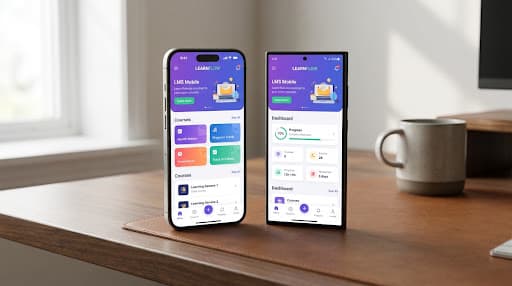 Two high-end smartphones showing modern LMS mobile application interfaces side-by-side
